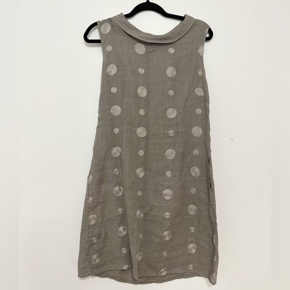 LINA TOMEI Italy Short Dress Embroidered Taupe Linen Sleeveless small - Picture 1 of 9